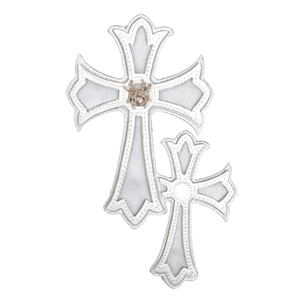 PC4237B - White Double Cross with Silver Spider (Sew On)