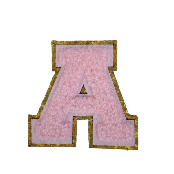 PC4264V - Pink Chenille With Gold Trim Letter V (Iron On)